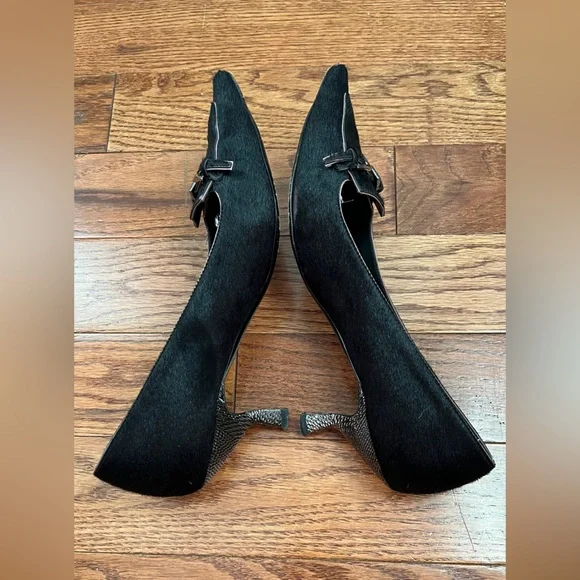 PRADA - Glossy Black Buckle Pointed Toe Pony Hair Low Heel Pumps Sz 41 US 11 - Picture 4 of 12